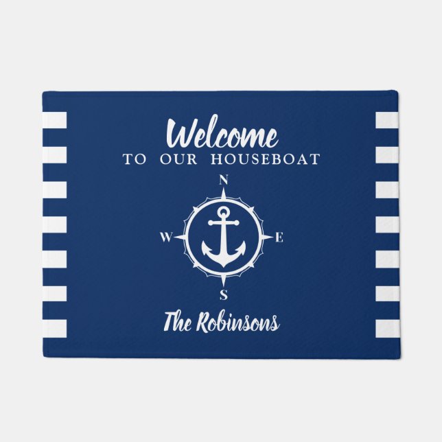 Personalized Houseboat With Compass Anchor Doormat (Front)