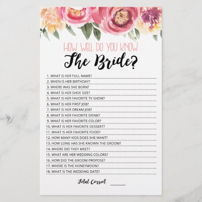 Personalized How well do you know the Bride game (Front)