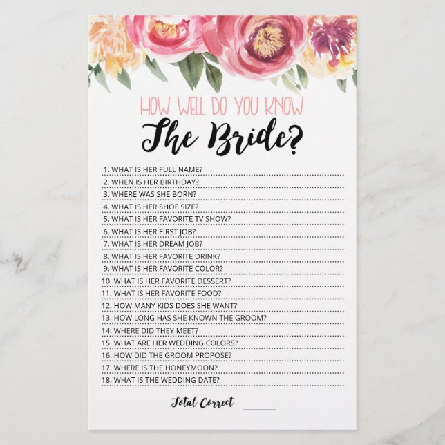 Personalized How well do you know the Bride game (Front)
