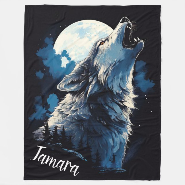 Personalized Howling Wolf Fleece Blanket (Front)