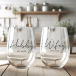 Personalized Hubby And Wife  Stemless Wine Glass<br><div class="desc">Celebrate love and togetherness with our beautifully crafted Hubby and Wife personalized wine glasses. These elegant glasses are the perfect addition to any romantic evening or special occasion. Each glass is delicately etched with the endearing titles "Hubby" and "Wife, " adding a touch of charm and sentimentality to every sip....</div>