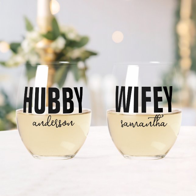 Personalized Hubby & Wifey Name Stemless Wine Glass (Insitu (Wedding))