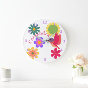 Personalized Hummingbird and Flowers Large Clock