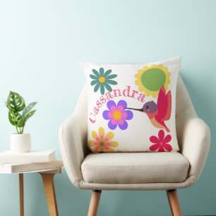 Personalized Hummingbird and Flowers Throw Pillow