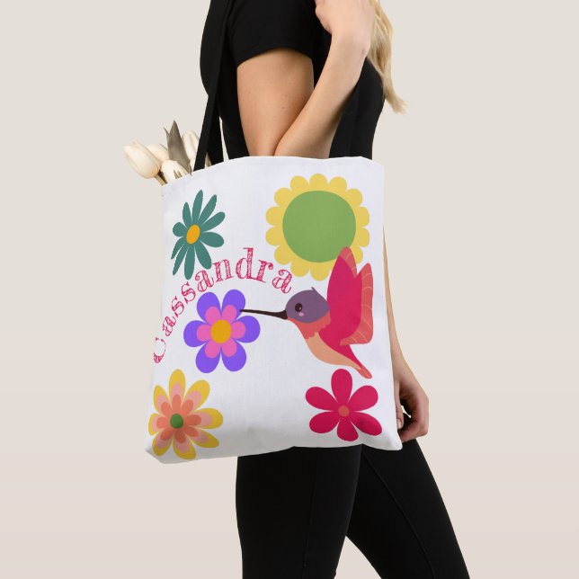 Personalized Hummingbird and Flowers Tote Bag (Close Up)