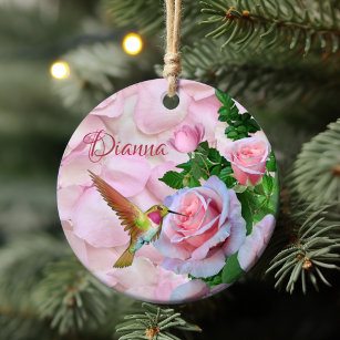 Personalized Hummingbird Pink Roses and Petals Ceramic Ornament