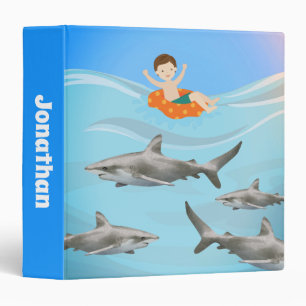 Personalized Humourous Boy with Sharks Beach Schoo Binder