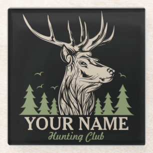 Personalized Hunter Deer Elk Antler Hunting Club Glass Coaster