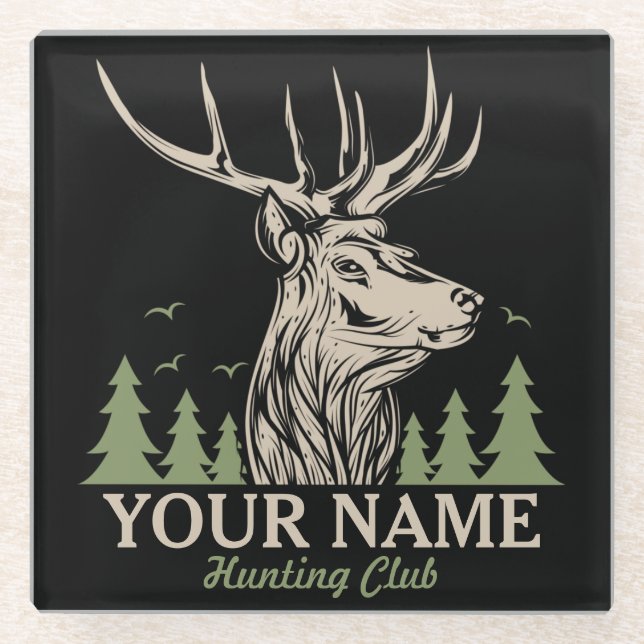 Personalized Hunter Deer Elk Antler Hunting Club  Glass Coaster (Front)