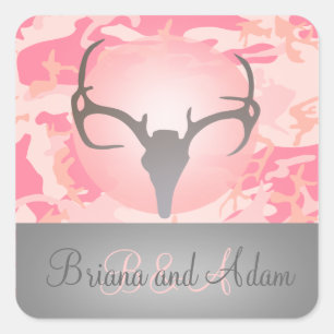 Personalized Hunting Antlers Pink Camo Wedding Square Sticker