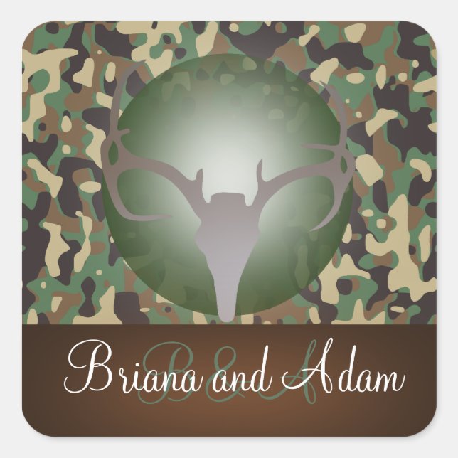 Personalized Hunting Theme Antlers Camo Wedding Square Sticker (Front)