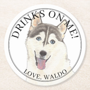Personalized Husky Dog Wedding Round Paper Coaster