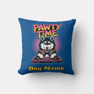 Personalized Husky Pawty Time Retro Neon Gift Throw Pillow