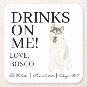 Personalized Husky Wedding Square Paper Coaster