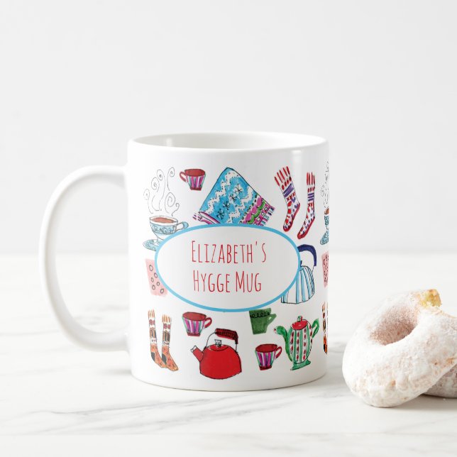 Personalized Hygge Hand Drawn Retro Cozy Winter Coffee Mug (With Donut)