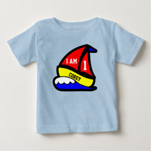 Personalized "I am 1" with Red Sailed Boat Baby T-Shirt