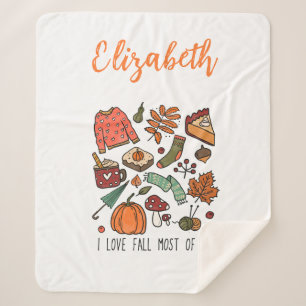 Personalized I Love Fall Autumn Leaves Pumpkins  Sherpa Blanket