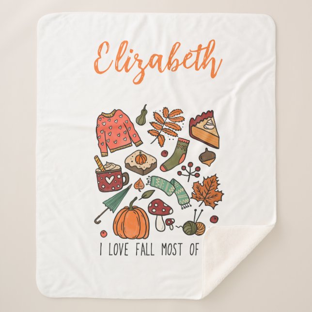 Personalized I Love Fall Autumn Leaves Pumpkins  Sherpa Blanket (Front)