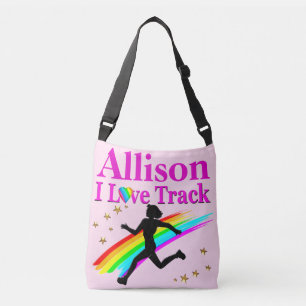 PERSONALIZED I LOVE TRACK PINK CROSS BODY TOTE