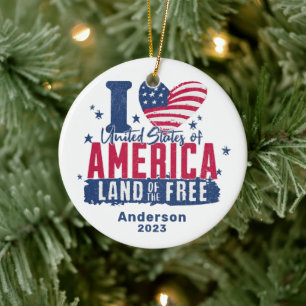Personalized I Love United States of America  Ceramic Ornament