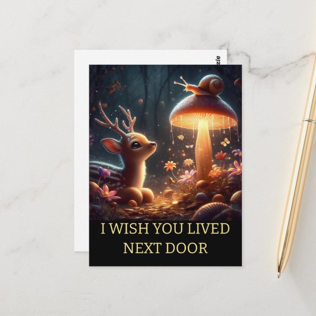 Personalized I miss you Whimsical Deer Mushroom Postcard (Front/Back In Situ)