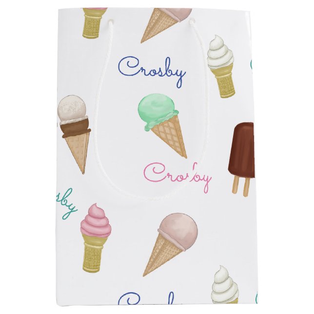 Personalized Ice Cream Social Birthday Party Medium Gift Bag (Front)