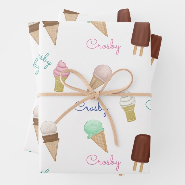 Personalized Ice Cream Social Birthday Party Wrapping Paper Sheet (In situ)