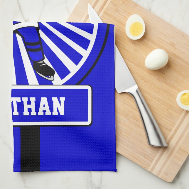 Personalized Ice Hockey Player Blue Kitchen Towel (Quarter Fold)