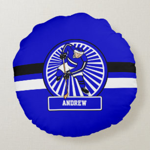 Personalized Ice Hockey Player Blue Round Pillow