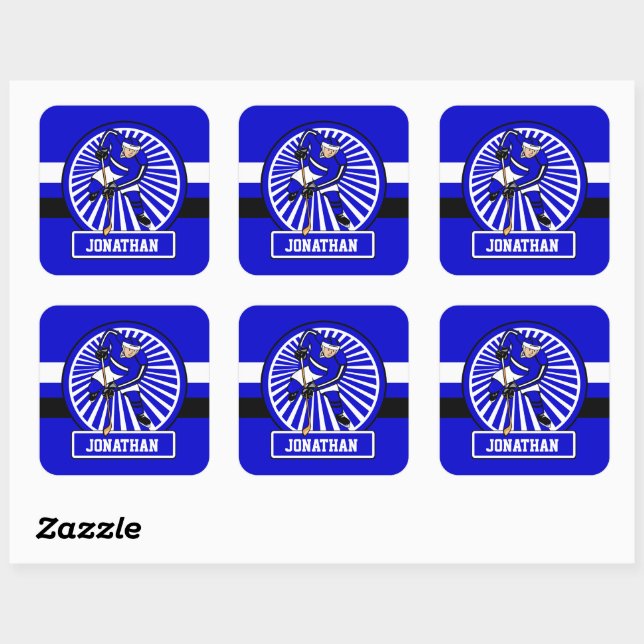 Personalized Ice Hockey Player Blue Square Sticker (Sheet)