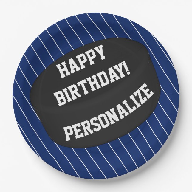 Personalized Ice Hockey Puck Ball Happy Birthday Paper Plate (Front)