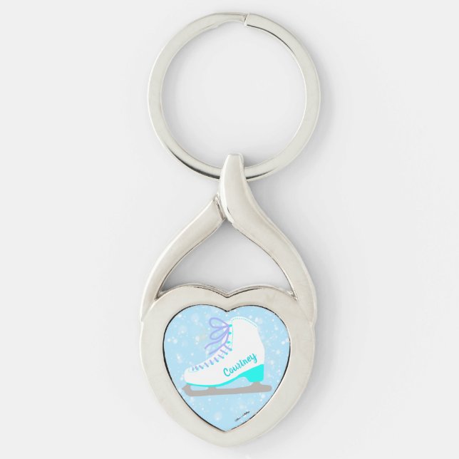 Personalized Ice Skates Blue Heart Figure Skating Keychain (Front)