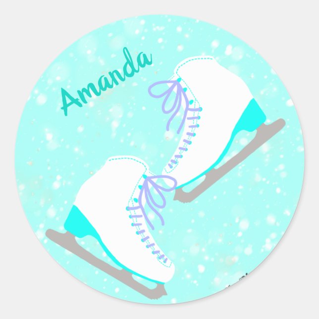 Personalized Ice Skating Blue Kawaii Figure Skater Classic Round Sticker (Front)