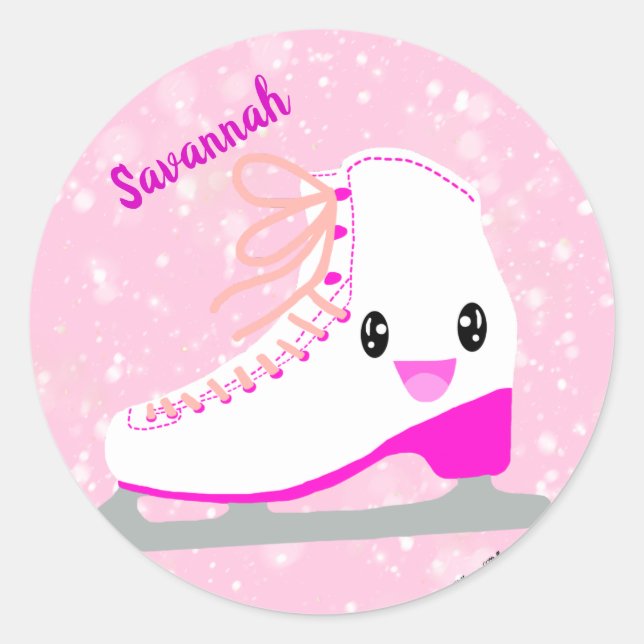 Personalized Ice Skating Pink Kawaii Figure Skater Classic Round Sticker (Front)