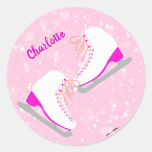 Personalized Ice Skating Pink Kawaii Figure Skates Classic Round Sticker