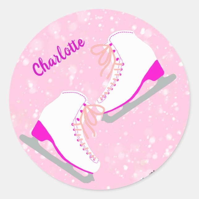 Personalized Ice Skating Pink Kawaii Figure Skates Classic Round Sticker (Front)