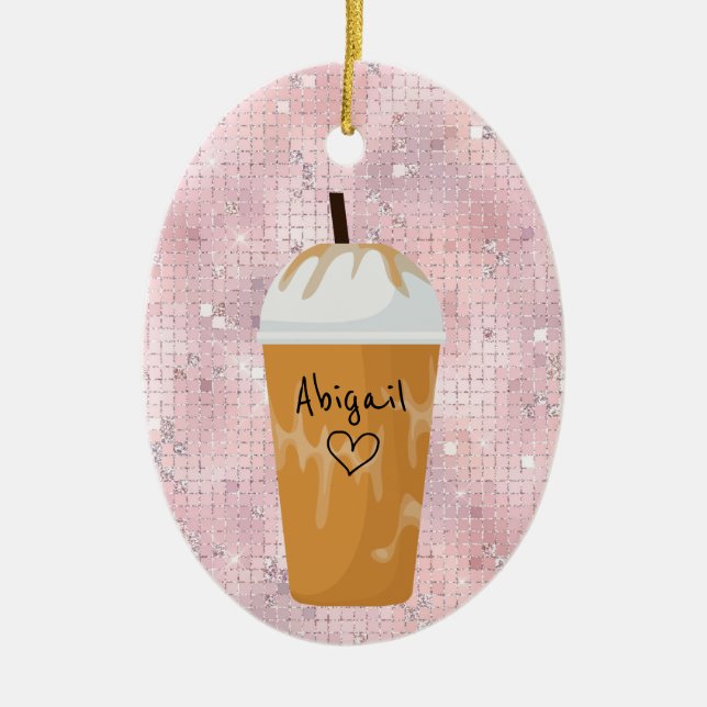 Personalized Iced Coffee Bling Holiday Christmas Ceramic Ornament (Front)