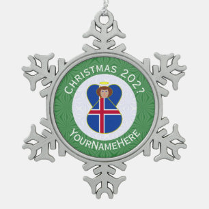 Personalized Icelandic Angel Christmas Flag Snowflake Pewter Christmas Ornament