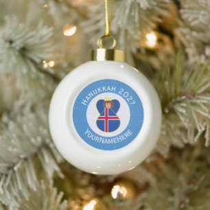Personalized Icelandic Angel Hanukkah Flag Ceramic Ball Christmas Ornament