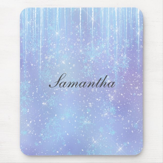 Personalized Icicle Snowflake Crystal Blue Purple Mouse Pad (Front)