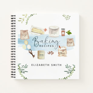 Personalized Illustrated Watercolor Baking Recipes Notebook