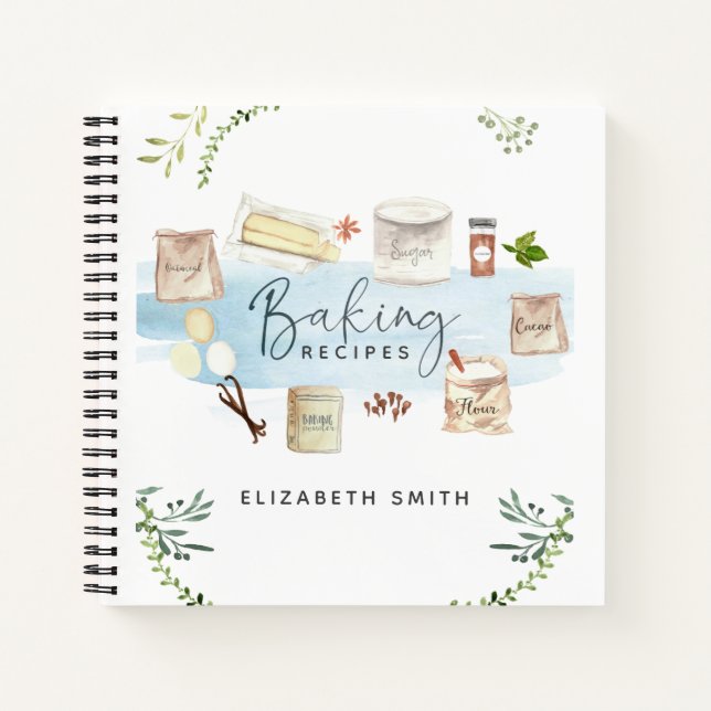 Personalized Illustrated Watercolor Baking Recipes Notebook (Front)