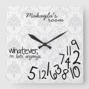 personalized - i'm late anyways - Grey Damask Square Wall Clock