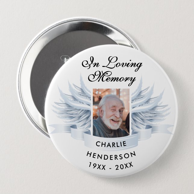 Personalized In Loving Memory Angel Wings Memorial 4 Inch Round Button (Front & Back)