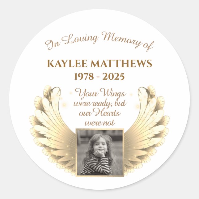 Personalized In Memory Memorial Angel Wings Photo Classic Round Sticker (Front)