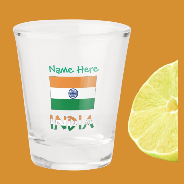 Personalized India Flag Gift Shot Glass (Indian Flag on shot glass has the word INDIA below in flag colors. Add name in green text above.)