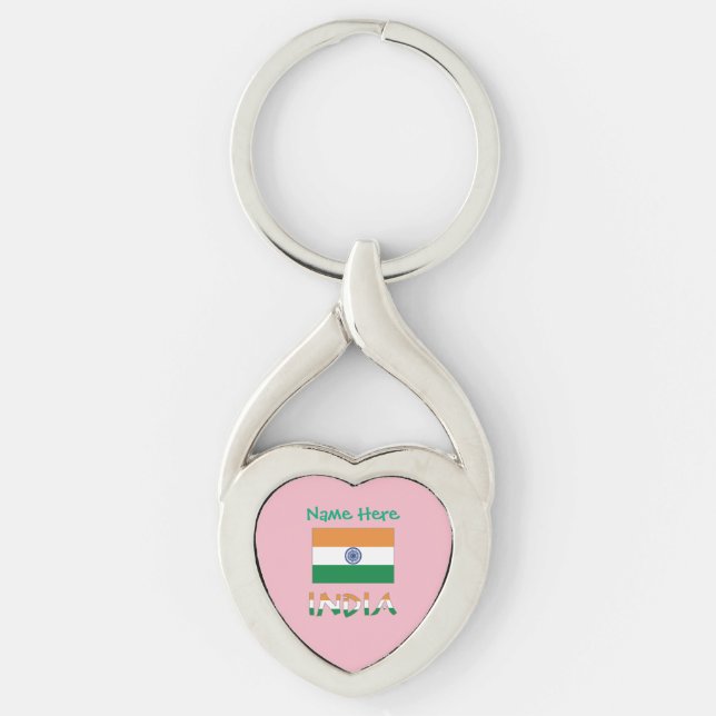 Personalized India Flag Pink Heart Keychain (Front)