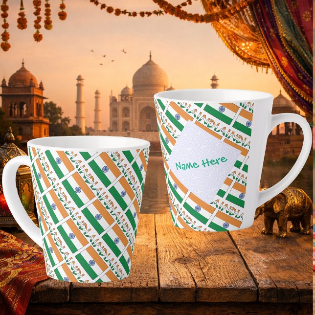 Personalized India Flag Tiled Latte Mug (Personalized latte mug has tiled Indian Flag, INDIA in flag colors. White fractal holds a name.)