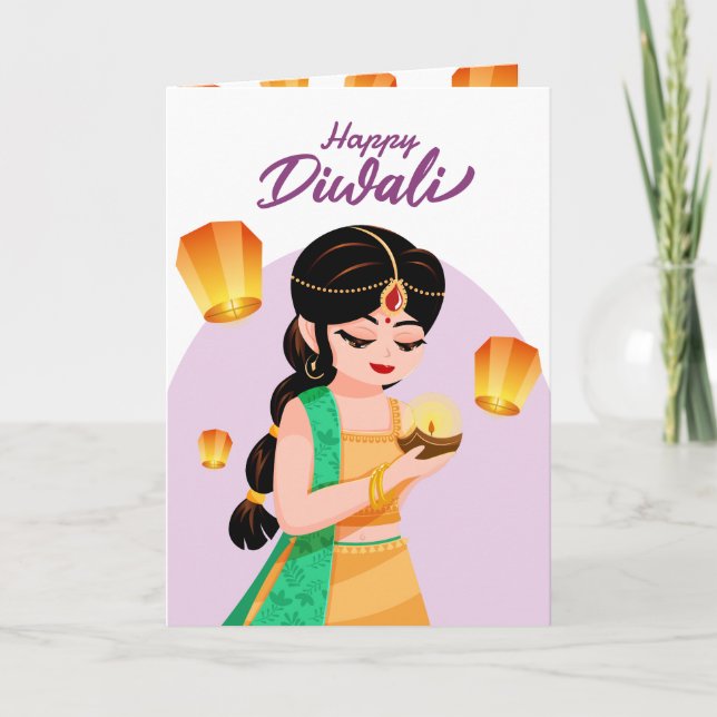 Personalized Indian Girl Diwali Floating Lantern Card (Front)