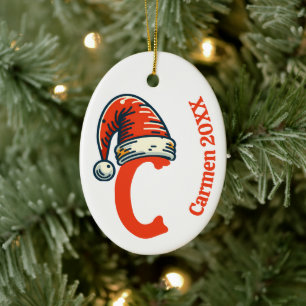 Personalized Inital Letter Name and Year Santa Hat Ceramic Ornament